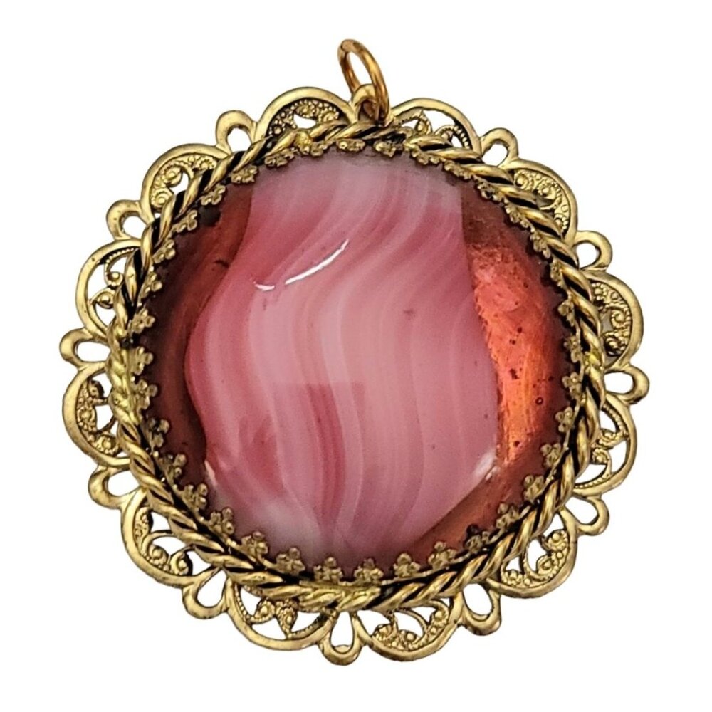 West Germany Gold Tone Filigree Pink Givre Pendant, Signed K226